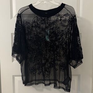 Anthropologie Black Floral Mesh Sheer Blouse SZ 2X plus size dark romance NWT